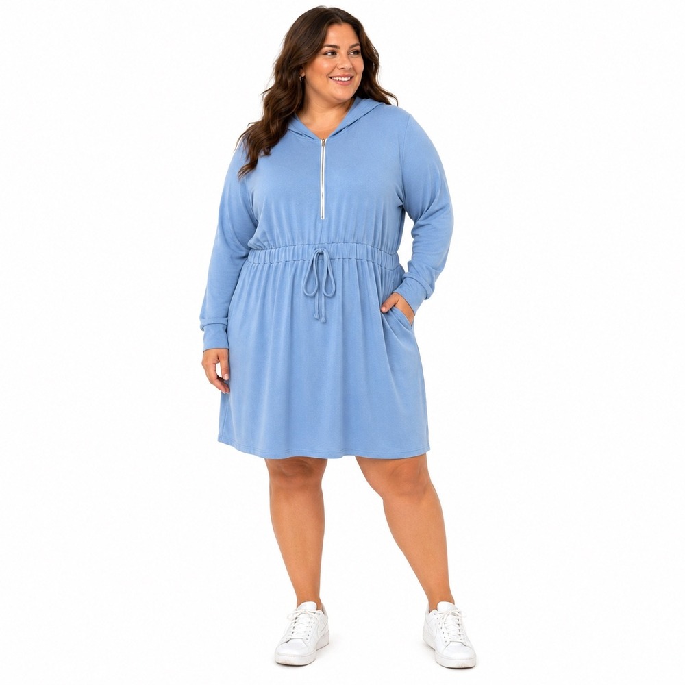 Anna-Kaci Light Blue Micro Velour Half Zip Hoodie Dress XL Drawstring Lounge - Picture 1 of 13